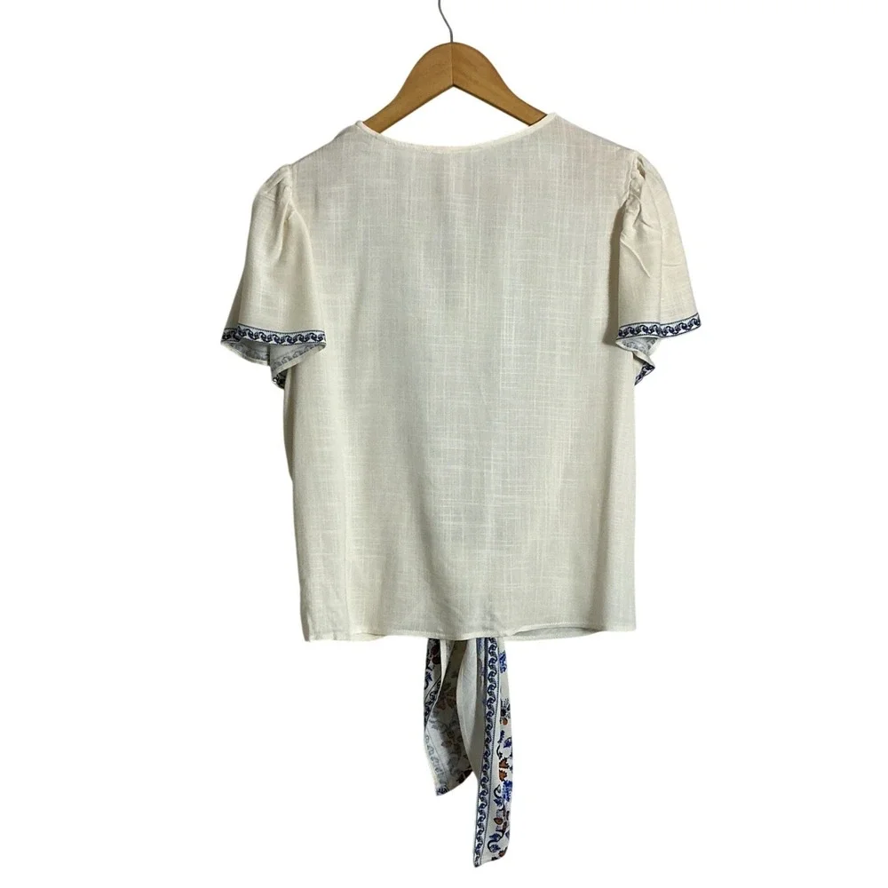 Max Studio Large Ivory Tie Front Flutter Sleeve Top V-Neck Boho Peasant NEW